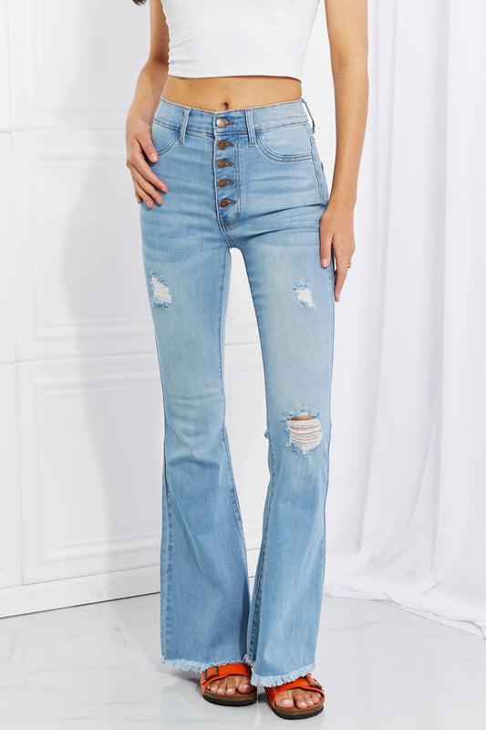 RISEN Hazel High Rise Distressed Wide Flared Jeans